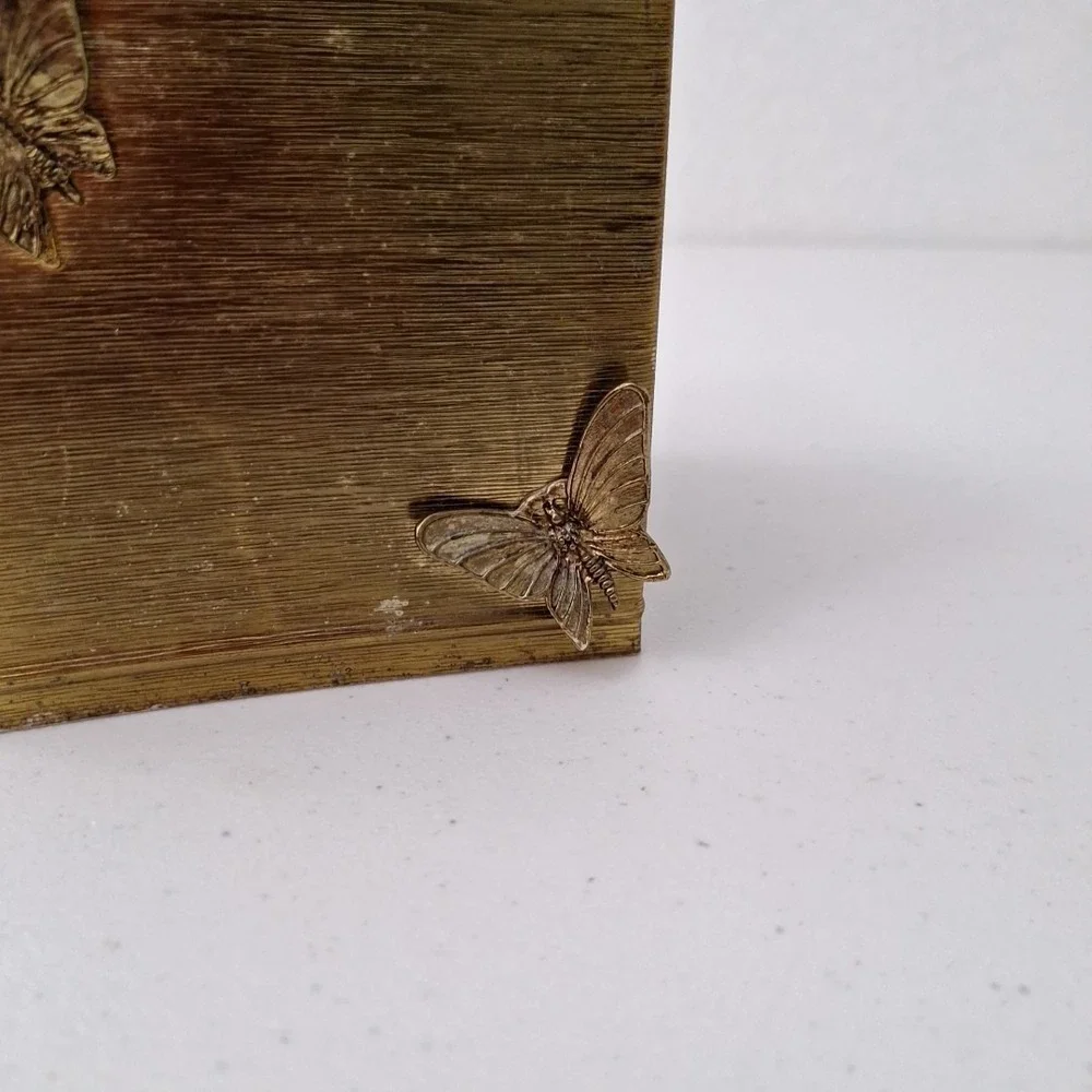 Antique Brass Butterfly Tissue Box Holder 3-D Butterflies & Flower, Heavy